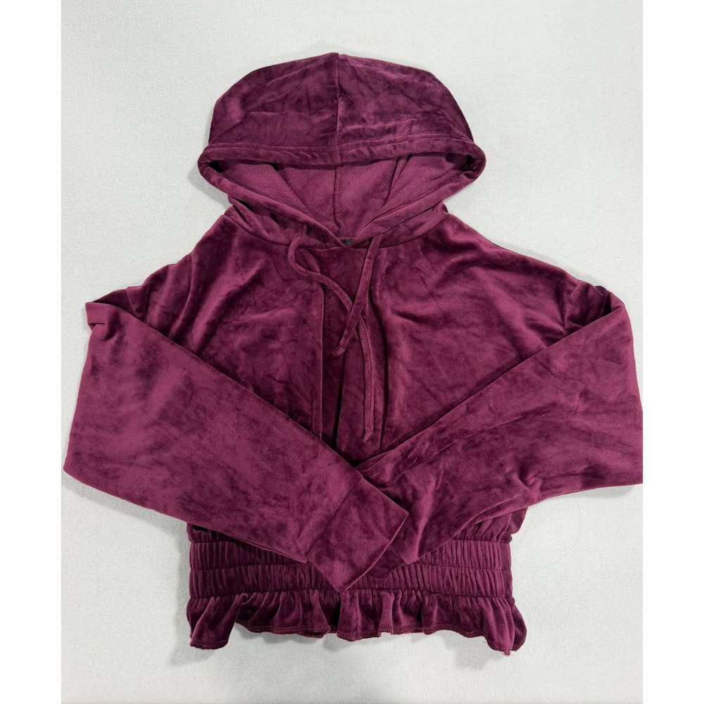 Love Brand Womens Velour Cropped Hoodie Plum Purple Smocked Ruffle Hem Large